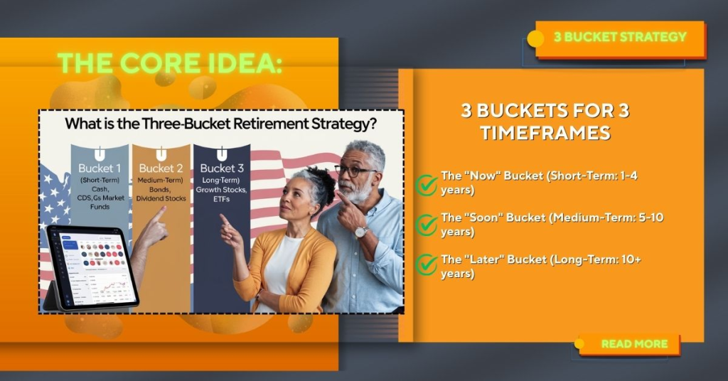 Three-bucket retirement strategy infographic with asset allocation for short, medium, and long-term goals