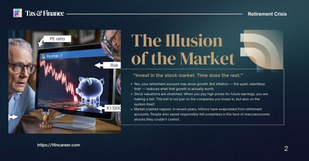 Retirement Crisis: Anxious retiree staring at a volatile stock-market screen with a flickering piggy-bank, surrounded by funhouse mirrors