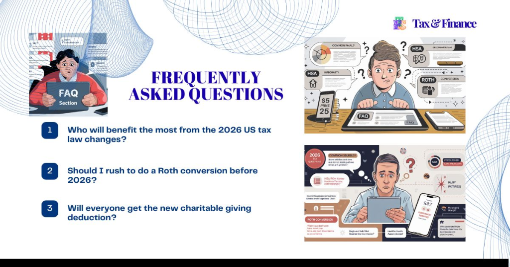 Person reading 2026 tax FAQ infographic on tablet with focus