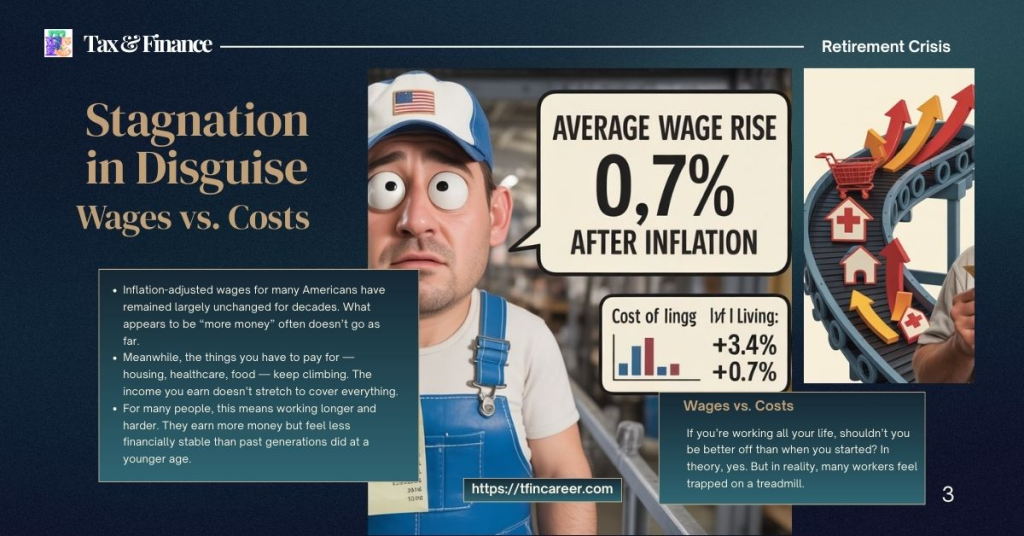 Retirement Crisis: Tired factory worker holding a paycheck as a conveyor belt spits out cost icons - food, housing, medical