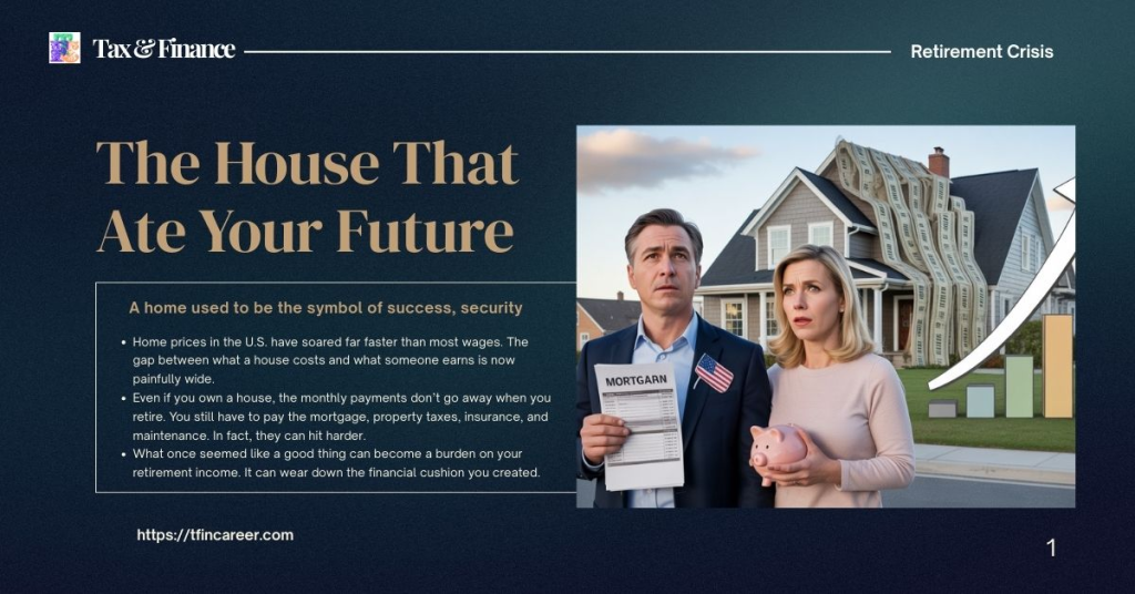 Retirement Crisis: Worried couple in front of a house turning into chains of bills, man holding mortgage paper, woman with piggy-bank