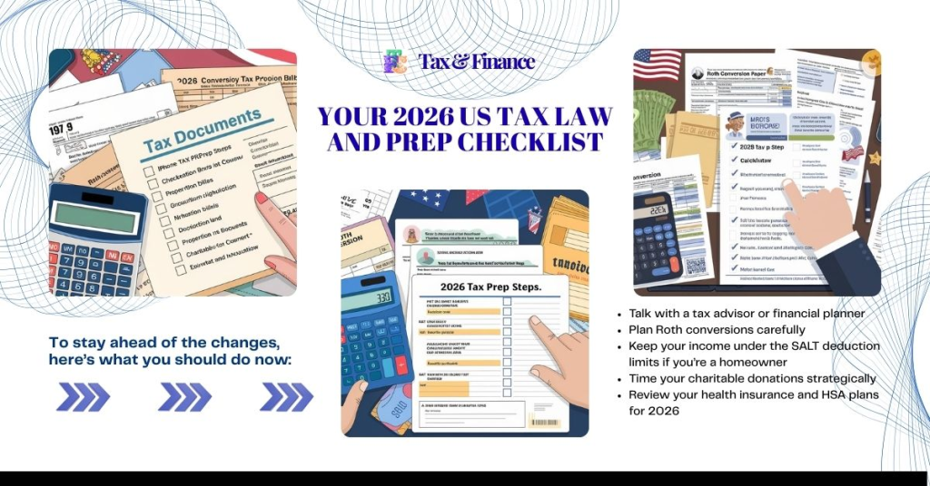 Tax prep desk with checklist, documents, and 2026 planning infographic