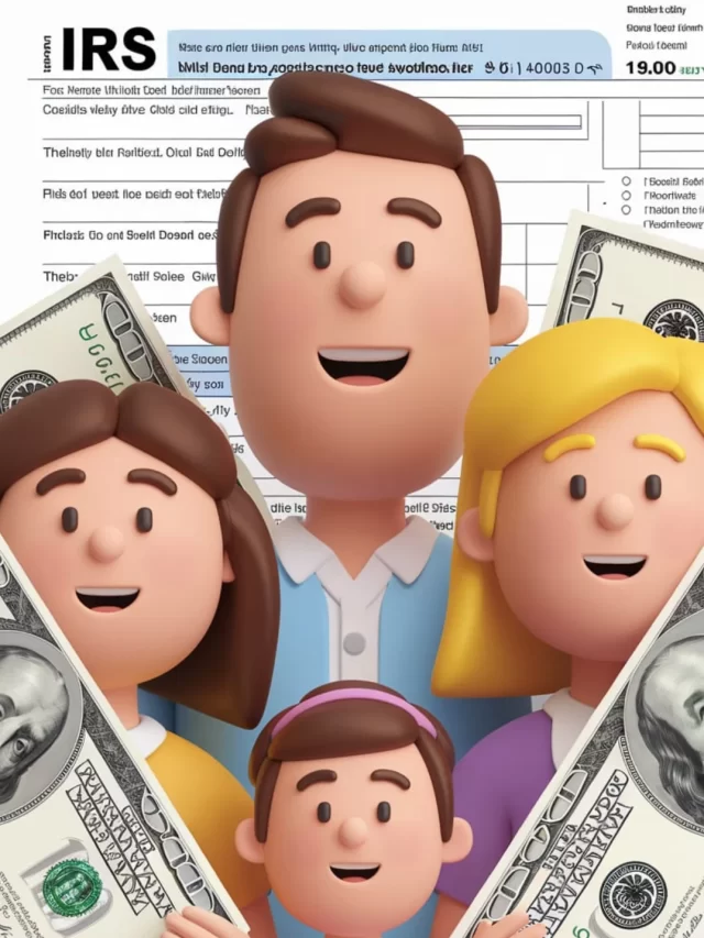 A happy middle-class family holding giant dollar bills with a tax form