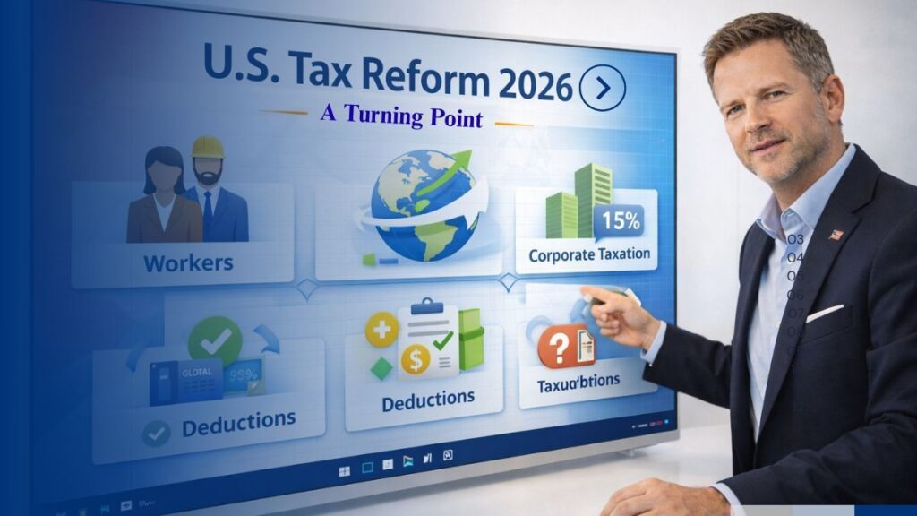 US Tax Reform 2026 overview infographic with workers, business owners, and global tax symbols