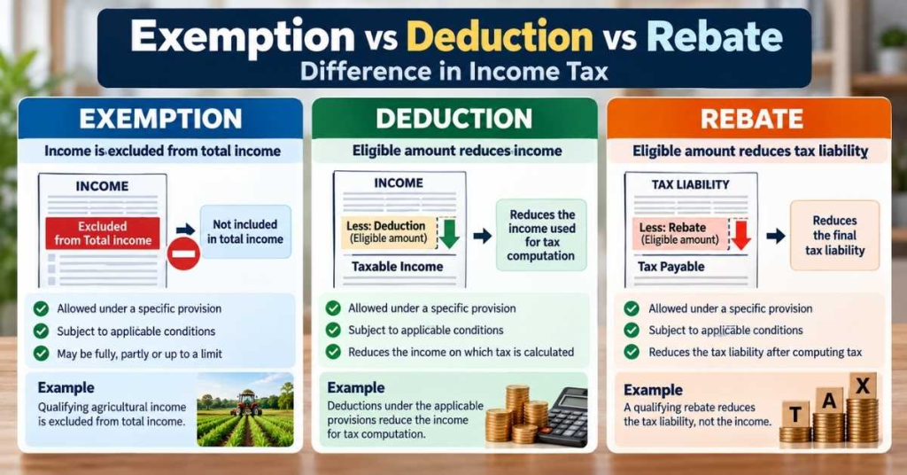 Exempt Income Under Income-tax Act, 2025: Rules, Examples And 2027 Guide 4 Difference between exemption deduction and rebate in income tax