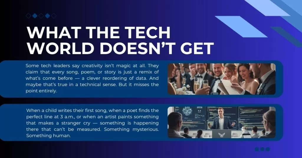 Business Leader Discussing AI Creativity With Skeptical Audience — Illustrating Debate Over Human Vs Artificial Artistry