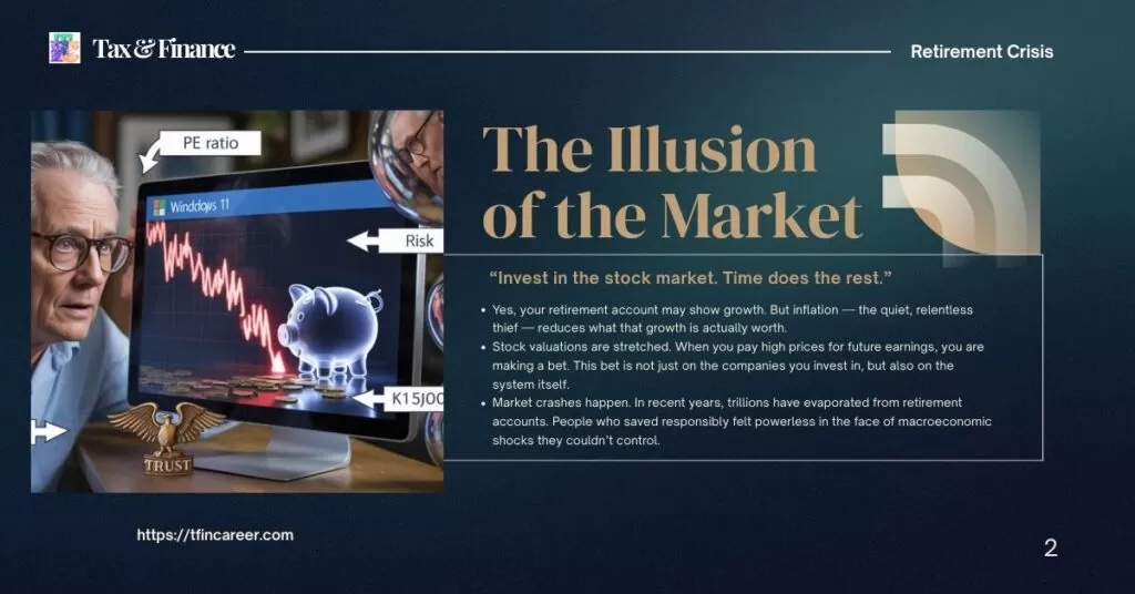 Retirement Crisis: Anxious retiree staring at a volatile stock-market screen with a flickering piggy-bank, surrounded by funhouse mirrors