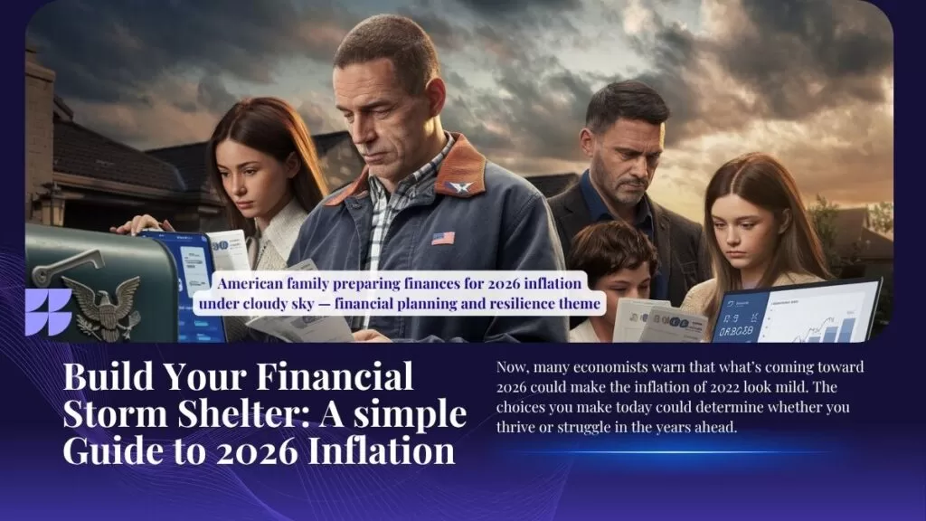 Build Your Financial Storm Shelter - American family preparing finances for 2026 inflation under cloudy sky — financial planning and resilience theme